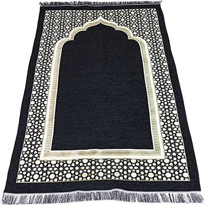 Modefa Turkish Islamic Prayer Mat - Thin Woven Chenille Sajjadah - Intricate Praying Rug Ramadan Eid Gift - Traditional Muslim Janamaz Sajada for Men Women - Geometric Selcuk Star (Black) - color: Black