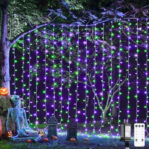 JMEXSUSS 300LED Purple & Green Curtain Lights for Halloween Decor, Plug in - color: Purple ann Green, size: 300 LED