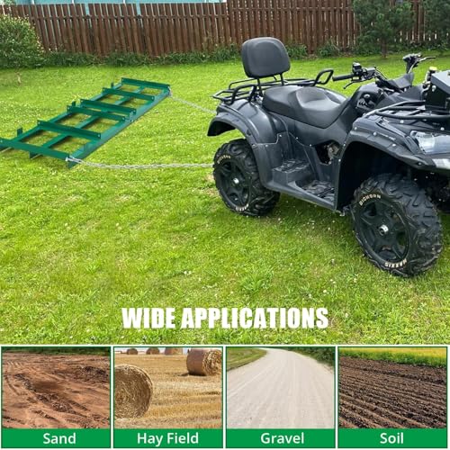 Garvee Driveway Drag Harrow 4 FT Width, Heavy-Duty Tow Behind Drag Harrow,Grader Landscape Power Rake for ATV, UTV, Tractor, Mower, Tow Behind Yard Lawn Leveling Tool with 6 FT Chain，Green | Grader Landscape Power Rake for ATV, UTV, Tractor, Mower, Tow Be