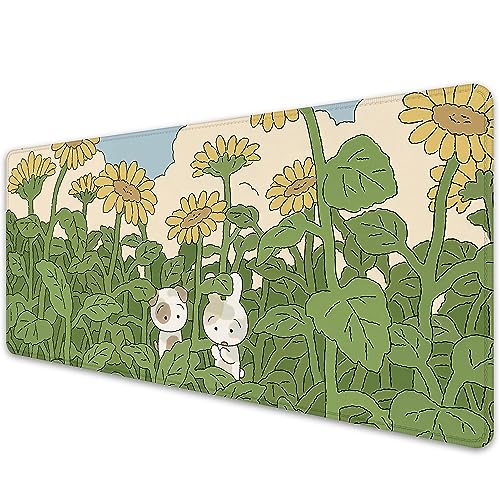 Sunflower Desktop Mouse Pad Large,Cute Mouse Pads,Cartoon Anime Mouse Mat for Desk,Desk Mat with Stitched Edges,Non-Slip Waterproof Rubber Base,Keyboard Computer Office Home Work(27.5X11.8 in) - color: Sunflower and 2 Rabbits
