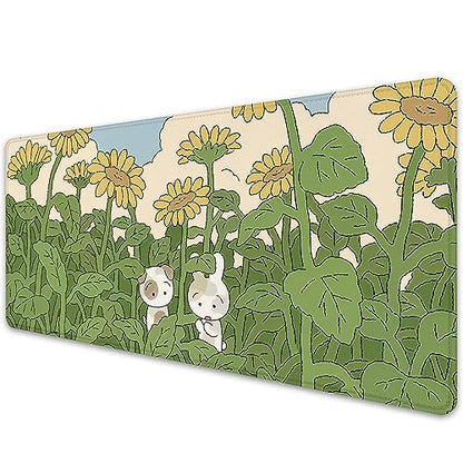 Sunflower Desktop Mouse Pad Large,Cute Mouse Pads,Cartoon Anime Mouse Mat for Desk,Desk Mat with Stitched Edges,Non-Slip Waterproof Rubber Base,Keyboard Computer Office Home Work(27.5X11.8 in) - color: Sunflower and 2 Rabbits