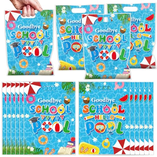 Falueqg Goodbye School Hello Pool Decorations - 50 Pcs End of School Year Goodie Candy Gift Bags School's Out for Summer Party Favors for Summer Vacation Graduation Preschool Party Supplies - color: Goodbye School Hello Pool