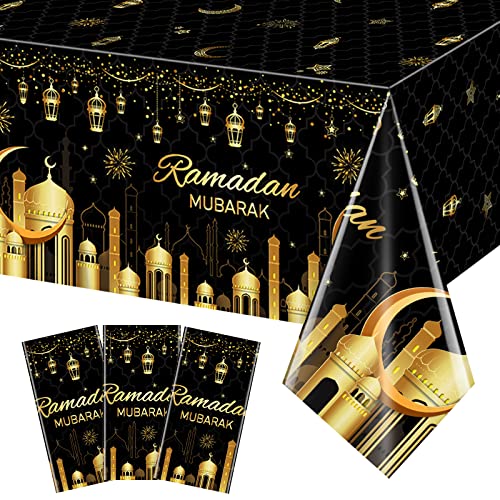 3 Pack Ramadan Plastic Tablecloth Decorations for Home, Eid Mubarak Ramadan Disposable Table Cover Decorations, Muslim Happiness Ramadan Eid Al-fitr Table Cloths for Ramadan Party Supplies, 54x108Inch - size: 3 Pack