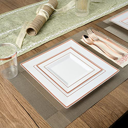 FOCUSLINE 175 Count Rose Gold Dinnerware Set for 25 Guests - Square Plastic Plates with Rose Gold Rim, Includes 25 Disposable Dinner & Dessert Plates, Napkins, Cups, Cutlery Set for Wedding Parties - color: Rose Gold Rim Square Plates