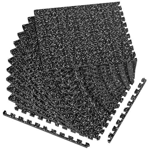 0.56'' Thick 48 Sq Ft Rubber Top High Density EVA Foam Exercise Gym Mats Non-Slip 12 Pcs - Interlocking Puzzle Floor Tiles for Home Gym Heavy Workout Equipment Flooring - 24 x 24in Tile