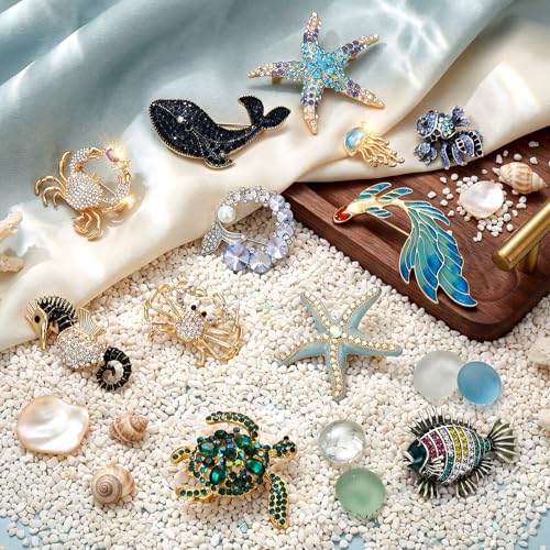 Junkin 12 Pcs Women Brooches Bulk Set Rhinestone Pin Crystal Vintage Brooch Retro Pin Women Girls Gifts for Christmas - style: Ocean