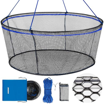 QualyQualy Foldable Fishing Net, Landing Fishing Pier Nets 31"/40" Hoop, Drop Net for Pulling Up Fish with Rope, Portable Bridge Fishing Net for Minnows, Crawfish, Shrimp - size: Rubber - 40 Inch Hoop