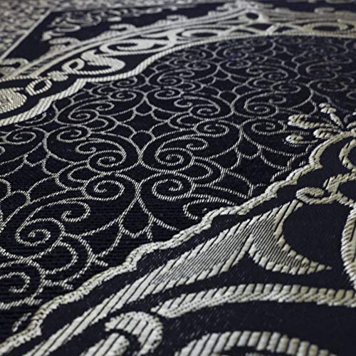 Modefa Muslim Woven Chenille Prayer Rug, Ottoman Black + Blue | Thin Chenille and Taffeta Turkish Intricate Metallic Ottoman Salah Mat - color: Black + Blue