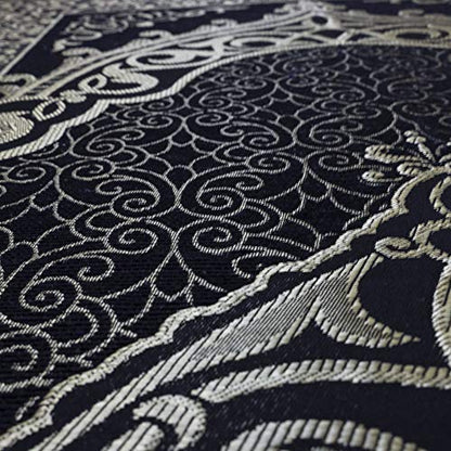 Modefa Muslim Woven Chenille Prayer Rug, Ottoman Black + Blue | Thin Chenille and Taffeta Turkish Intricate Metallic Ottoman Salah Mat - color: Black + Blue