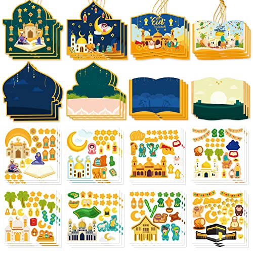 COcnny 48pcs Eid Mubarak Craft Kit Mosque Scene Stickers for Kids, Make Your Own Ramadan Kareem Scene Decal, DIY Art Religious Label Hanging Ornament for Al-fitr Classroom Party Favor Goodies Supplies