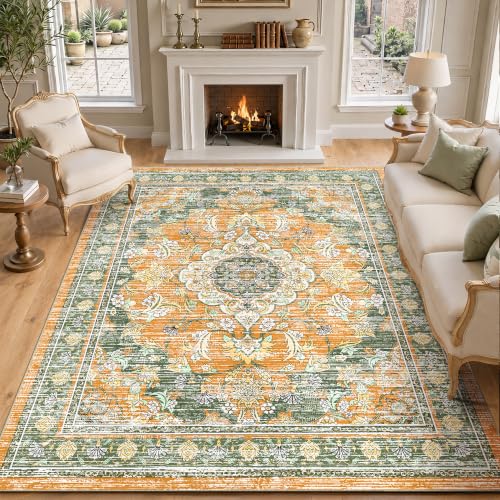 8x10 Area Rugs for Living Room, Boho Washable Non Slip Carpet, Green Orange - color: Green Orange, size: 8' x 10' (Rectangular)