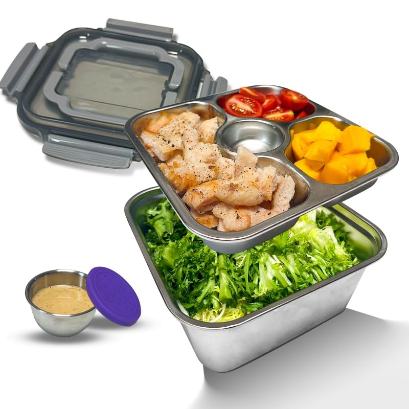 Salad Container for Lunch Stainless Steeel Salad Container 60-oz Salad Bowl with Lid 4-Compartment Bento-Style Tray, 1.5-oz Salad Dressing Container,Dishwasher, Microwave, and Oven Safe (Gray Lid) - color: Gray
