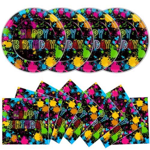 48Pcs Neon Glow in the Dark Paper Plates and Napkins Neon Birthday Party Decorations Paint Splatter Birthday Party Supplies Colorful Graffiti Disposable Tableware for Kids Baby Shower Serves 24 - style: Neon Birthday