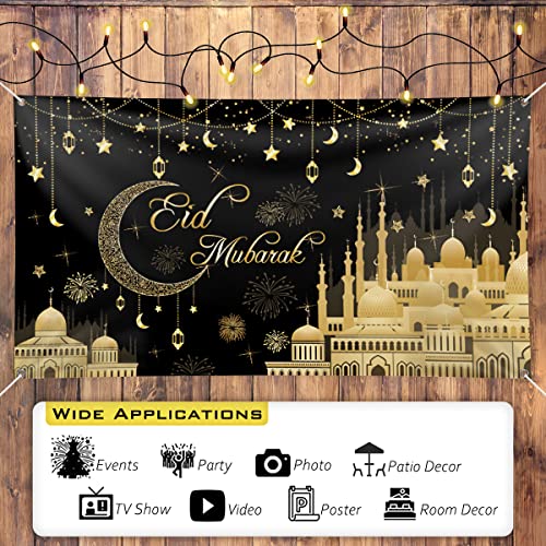 Aviski Eid Mubarak Banner 78 x 43 Inch Black Background Banners for Muslim Party Decorations