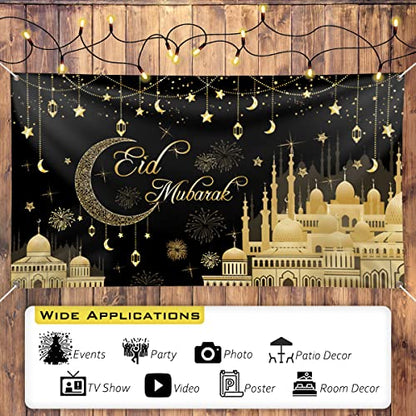 Aviski Eid Mubarak Banner 78 x 43 Inch Black Background Banners for Muslim Party Decorations
