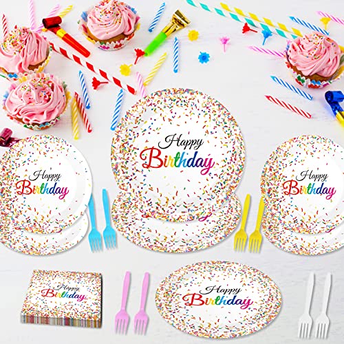 96 Pieces Happy Birthday Plates and Napkins Party Supplies for Confetti Sprinkles Theme Table Decorations Pastel Birthday Party Tableware Donut Paper Plates Napkins Forks Favors for 24 Guests. - style: Confetti Sprinkles