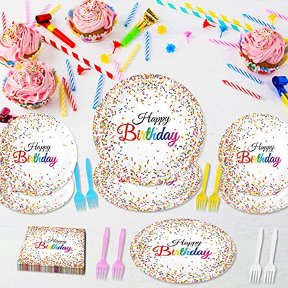 96 Pieces Happy Birthday Plates and Napkins Party Supplies for Confetti Sprinkles Theme Table Decorations Pastel Birthday Party Tableware Donut Paper Plates Napkins Forks Favors for 24 Guests. - style: Confetti Sprinkles