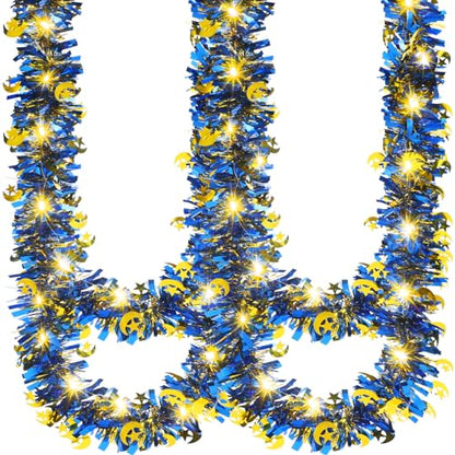 Kingdder 16.4 ft Ramadan Garland Decorations Metallic Garland with 50 LED Lights Hanging Star Crescent Moon with Light Foil Tinsel for Eid Al-adha Party Decor