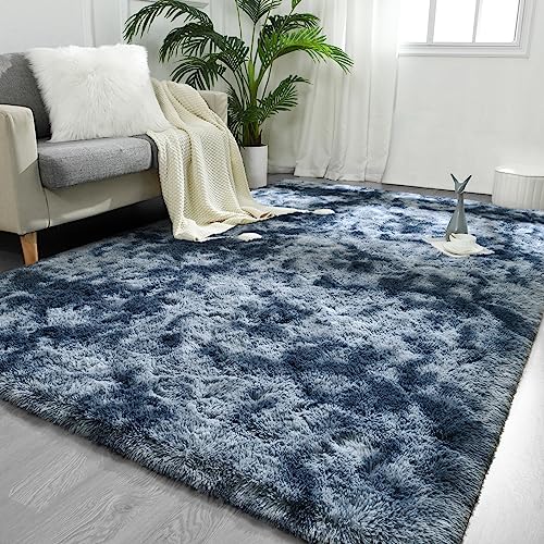 FlyDOIT Large Area Rugs for Living Room, 5x8 Feet Tie-Dyed Blue Grey Shaggy Rug Fluffy Throw Carpets, Ultra Soft Plush Modern Indoor Fuzzy Rugs for Bedroom Girls Kids Nursery Room Dorm Home Decor - color: Blue Grey, size: 5' x 8' (Rectangular)