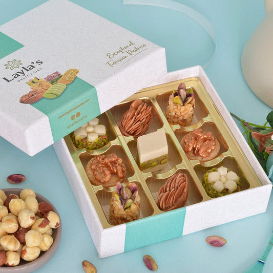 Layla’s Delicacies Mediterranean Special Occasion Gift Box - Handmade Healthy Mixed Nutty Flavors Pastries - Halal, Vegetarian, Gluten Free - 9 Bite-Size Treats - color: Special Occasion Gift Box, size: 9 Count (Pack of 1)