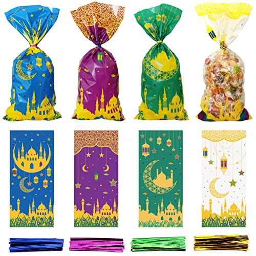 DoneJPee Ramadan Goodie Bags, 100 Pcs, 4 Designs, Polypropylene, for Eid Mubarak Decoration, Muslim Party Favor Supplies