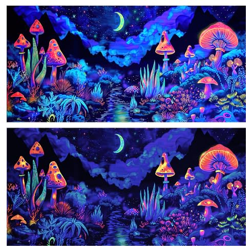 72X18IN Blacklight Mushroom Flower Black Light Aquarium Background, UV Fish Tank Background Moonlight Mountain Forest Landscape Terrarium Background with 10 EVA Double-Sided Tape - size: 72X18in/180X45cm