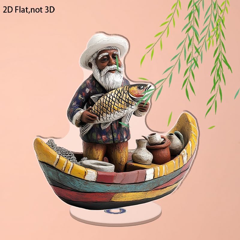 YLUYINOM 2D Flat Acrylic Display Plaque, Elderly Man Figurine in A Boat Proudly Holding A Fish with Fishing Tools Around. Rotatable, with Base - color: Picture 25