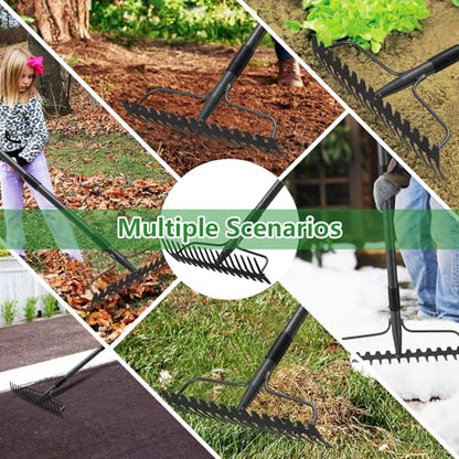 63 inch Bow Rake, 2-in-1 Metal Garden Lawn Rake for Weeding Digger Loosening Soil Raking Leaf Leveling Rocks Spreading Mulch Gravel 17 Tines Adjustable Garden Rake - style: 63 inch