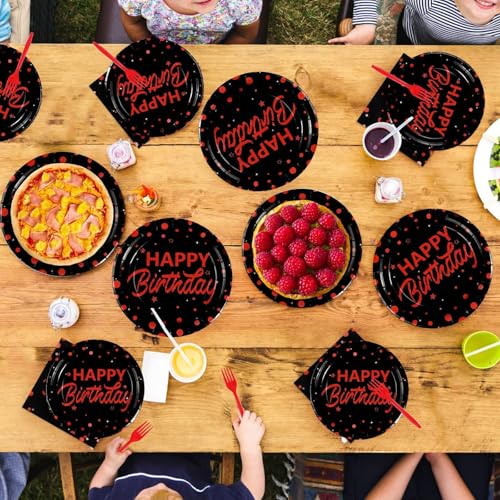 Grencian 96Pcs Red and Black Birthday Party Decorations Red Polka Dots on Black Paper Plates and Napkins Disposable Dessert Tableware for Men Women Birthday Party Decorations 2026 Serves 24 - style: Red Black Wave Point Birthday Sets