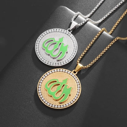 Stainless Steel Islamic Muslim Rune Allah Medal Pendant Necklace for Men Women Fashion Lucky Amulet Jewelry - color: silvery