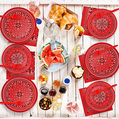 96 Pcs Red Bandana Western Party Plates Napkins Tableware Set Paisley Cowboy Cowgirl Farm Themed Supplies Disposable Dinnerware Western Decoration Favors for Kids Baby Shower Birthday, 24 Guests - style: Red Bandana Western Party