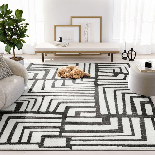 Abani Nomad Cream & Grey Area Rug 9' x 12' for Living Room, Bedroom - Geometric Box Design - Durable & Easy to Clean - size: 9' x 12'