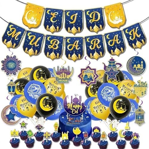 Eid Mubarak Decorations Set 72 PCS - Blue & Gold Ramadan Decorations for Home with Eid Mubarak Banner, 18 Latex Balloons, Cake Toppers & Hanging Swirls - Complete Eid Al-Fitr Party Supplies Kit