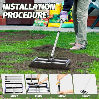 Updated Lawn Leveling Rake 17"x10", Lawn Leveler with Aluminum Rollers | Yard Leveling Rake Stainless Steel with 27-80" Adjustable Handle, Heavy-Duty Lawn Rake Suit for Garden, Golf Lawn, Farm - size: 17''x10'' With Roller (Black)