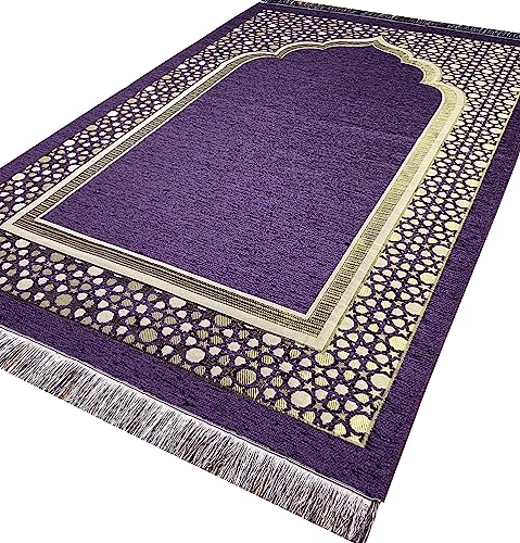 Modefa Turkish Islamic Prayer Mat - Thin Woven Chenille Sajjadah - Praying Rug Ramadan Eid Gift - Traditional Muslim Janamaz Sajada for Men Women - with Kufi & Beads - Geometric Selcuk Star (Purple) - color: Purple
