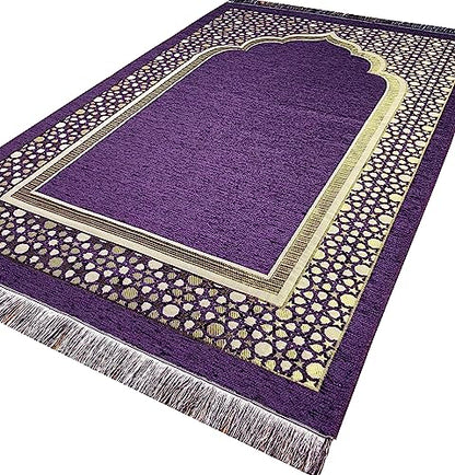 Modefa Turkish Islamic Prayer Mat - Thin Woven Chenille Sajjadah - Praying Rug Ramadan Eid Gift - Traditional Muslim Janamaz Sajada for Men Women - with Kufi & Beads - Geometric Selcuk Star (Purple) - color: Purple