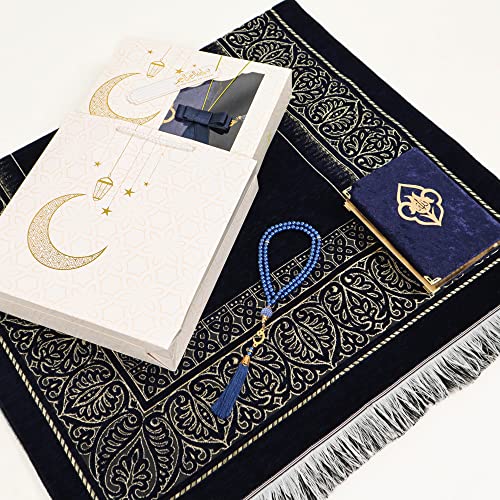 IEF Personalized Prayer Rug Quran Prayer Beads Islamic Gift Set, Ramadan Eid Wedding Birthday Mother's Day Father's Day Anniversary Day Gifts - color: Navy Blue with Bag