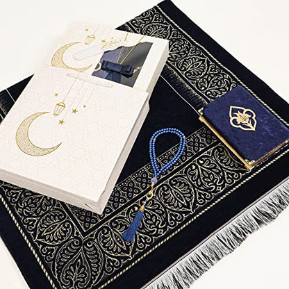IEF Personalized Prayer Rug Quran Prayer Beads Islamic Gift Set, Ramadan Eid Wedding Birthday Mother's Day Father's Day Anniversary Day Gifts - color: Navy Blue with Bag