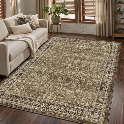 Brown Farmhouse Area Rugs 5x7, Washable Upgraded Non-Slip Dark Boho Living Room Rug, Vintage Distressed Low Pile Print Pattern Carpet for Kitchen Bedroom Dining Room Home Office, Walnut Taupe - color: Walnut Taupe, size: 5' x 7' (Rectangular)