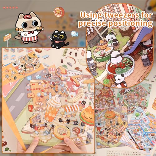 Girls 3D Miniature Scene Stickers, 4 Sets Mini Stores DIY House Stickers for Burger, Hot Pot, Convenience Store, Breakfast, Cute 3D Cartoon Scene Stickers for Adult Kids Relief Stress Pass The Time - style: Opening Stores