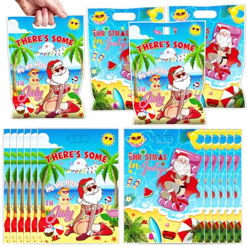 Funny Summer Christmas Party Favors - 50 Pcs July Christmas Gift Bags Beach Santa Goodie Candy Bag Summer Hawaiian Party Supplies for Holiday Xmas Tropical Luau Decorations - color: Funny Summer Christmas