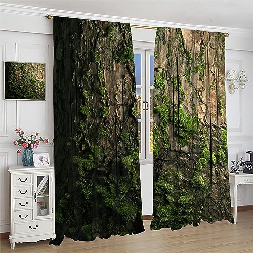 Brown Tree Bark Retro Curtains Natural Plant Green Moss Rustic Country Old Trunk Wood Art Print Rod Pocket Blackout Window Treatment for Bedroom Kitchen Living Room Home Decor Window Drapes 42x45in