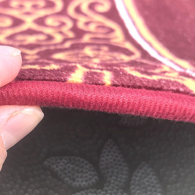 Premium Comfortable Muslim Prayer Rug - Soft Velvet with Traditional Kaaba Cover Design Theme, Thick Padding for Comfort, Extra Wide Layout, Non-Crumbling & Non-Slip Base (Burgundy). - color: Burgundy