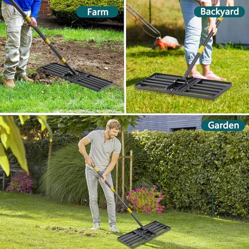BsBsBest Lawn Leveling Rake, 26"x 25" Heavy Duty Lawn Leveler 5FT Adjustable Peat Moss Spreader Dirt Ground Level Tool for Yard Garden Golf Course Farm Pasture