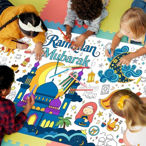 Gatherfun 라마단 활동 포스터 및 홈 데코 - 70.9 x 182.9cm(31.5 x 72인치) 이드 무바라크 장식용 컬러링 배너/테이블 커버, 학교 파티 및 라마단 장식용 - style: 라마단