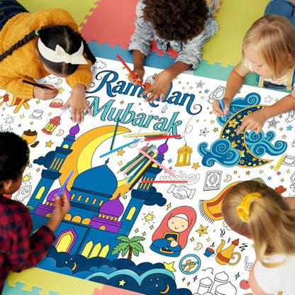 Gatherfun 라마단 활동 포스터 및 홈 데코 - 70.9 x 182.9cm(31.5 x 72인치) 이드 무바라크 장식용 컬러링 배너/테이블 커버, 학교 파티 및 라마단 장식용 - style: 라마단