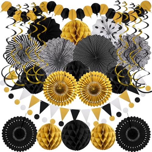Black Gold Party Decorations, New Years Eve Party Supplies Easy Assembly Paper Fan Honeycomb Ball Garland Hanging Swirl for Graduation Congrats Grad Birthday Happy New Year Party