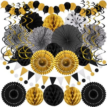Black Gold Party Decorations, New Years Eve Party Supplies Easy Assembly Paper Fan Honeycomb Ball Garland Hanging Swirl for Graduation Congrats Grad Birthday Happy New Year Party