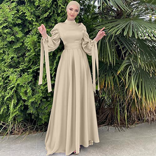 OBEEII Muslim Dress for Women Loose Full Cover Long Abaya Satin Dress Kaftan Abayas Islamic Robe S-XXL - color: Beige+hijab, size: Small