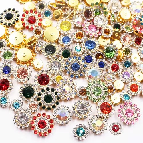 200Pcs 16 Mixed Colors Sew on Rhinestones Crystals Glass Gems Metal Claw, 4 Sizes 8mm 10mm 12mm 14mm Sun Flower Gemstones Rhinestone Jewels Crafts for Dress Clothes Shoes Wedding Sewing Accessories - color: 00 Mixed Colors-200PCS